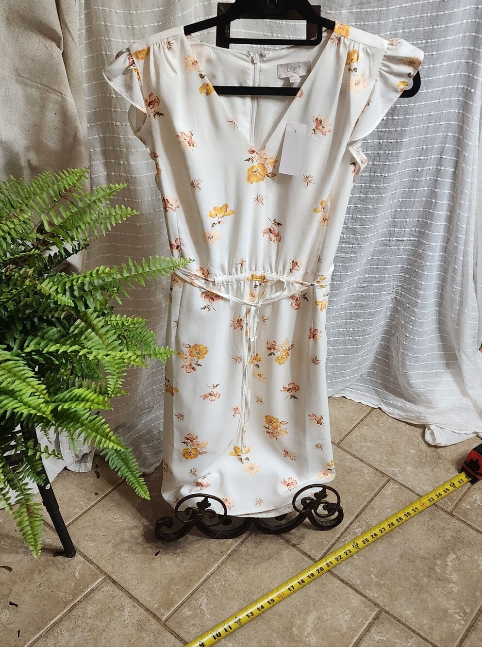 LOFT NWT Cream Midi Dress with Yellow and Pink Floral Print